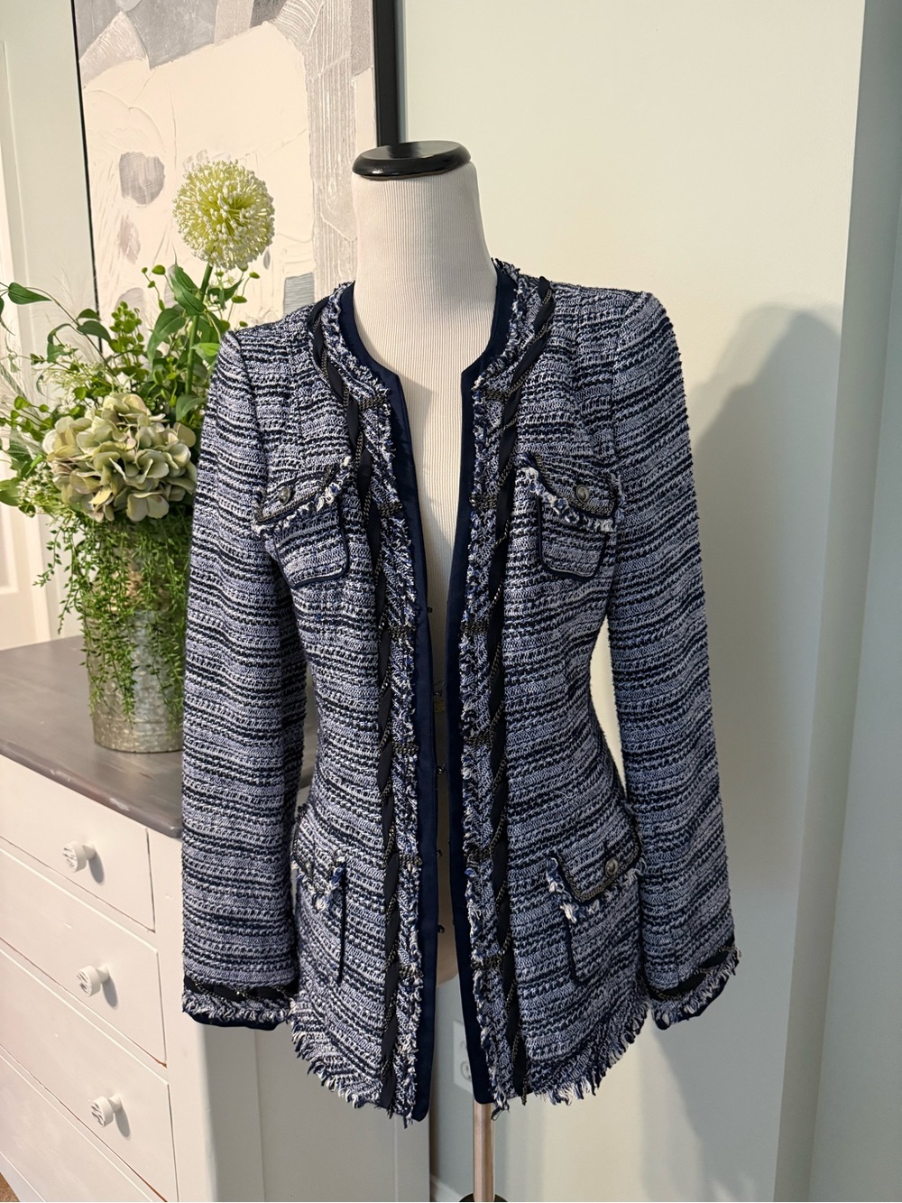 WHBM Classic Navy & White Tweed Open-Front Jacket SIZE 4